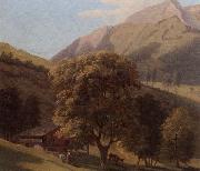 unknow artist, A mountainous landscape with a maid before a chalet in a valley